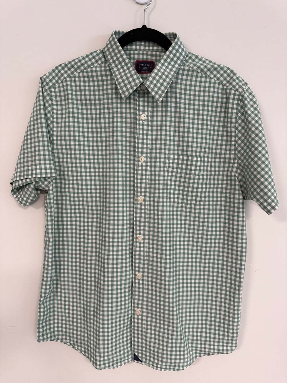 UNTUCKit Voss Short Sleeve Gingham Shirt Green White Slim Fit Large